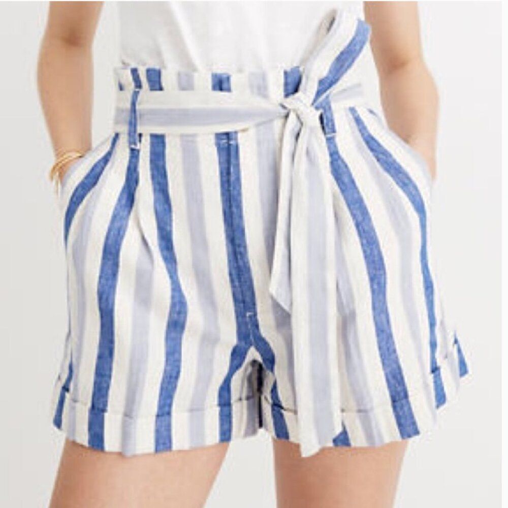 Madewell Paperbag Shorts High Waisted Stripe L8090 white blue size 4